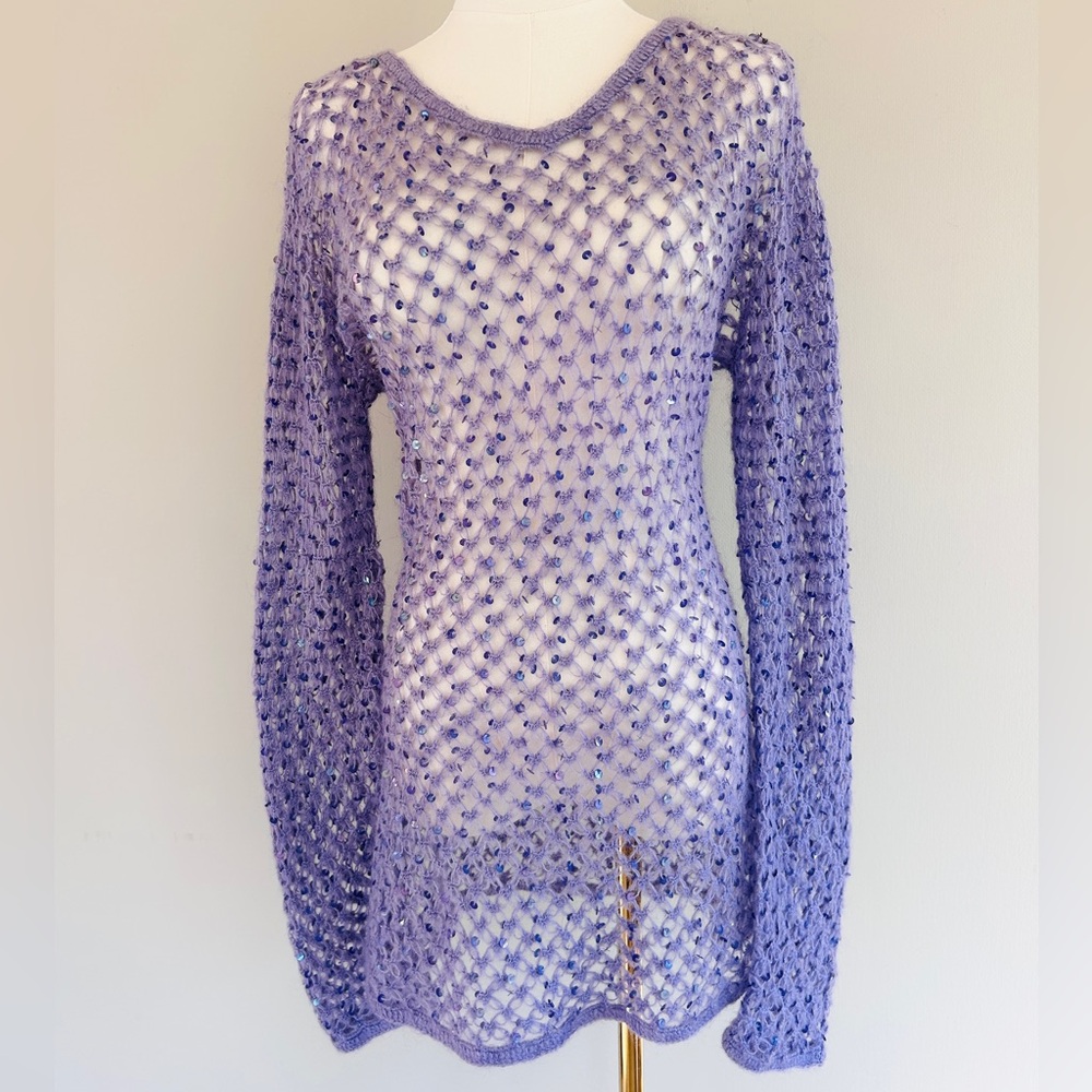 Y2K SMOOCHES 90s Open Knit Sequin Oversized Long Layer Sweater Fairy Grunge Sz M - Picture 4 of 12